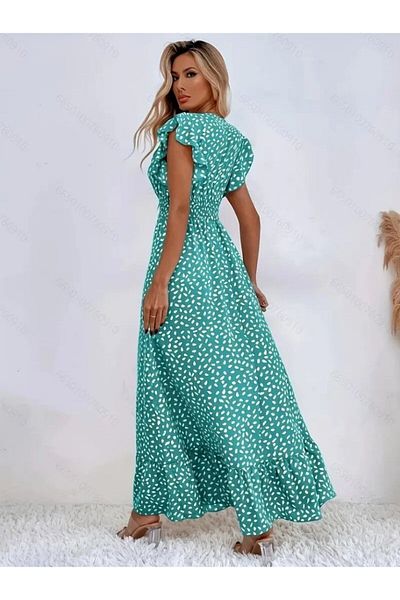 Modayakamoz New Season Women's Short Sleeve Double Breasted Collar Elastic Waist Floral Pattern Dress