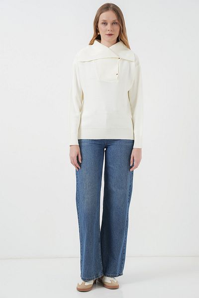 Merterium Women's Wide Collar Knitwear Sweater Ecru 1246
