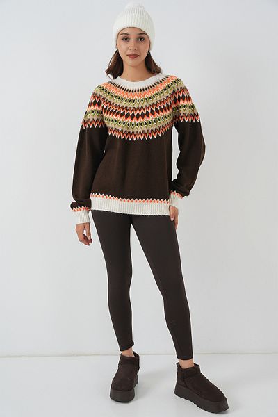 Merterium Women's Patterned Knitwear Sweater Brown 1249