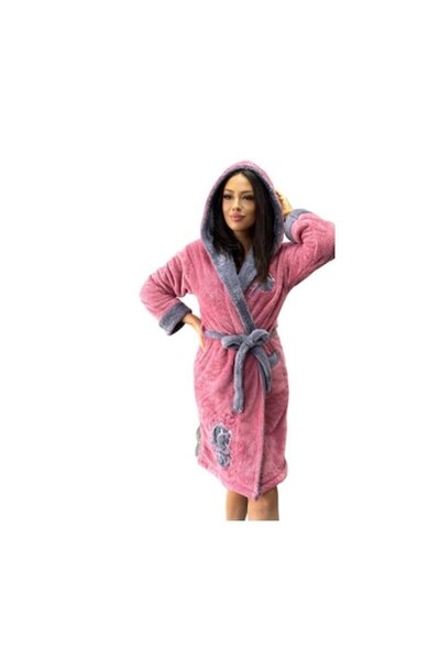 E EFRALL Halat de baie pentru femei, roz cu model gri, buzunar, cocolino, glu...