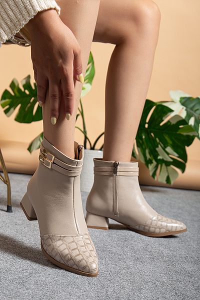 AYENDE MODA Women's Leather Look Beige Cream Boots – Zippered, Side Buckle, Comfortable Ankle Length Boots