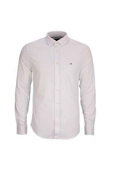 Tommy Hilfiger Men's Regular Fit Shirt Lapel Cotton Blend Long Sleeve White Shirt Mw0Mw39418-Ycf