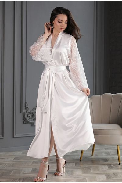Juwana - Lace Sleeve Dressing Gown Kimono -Silky Satin