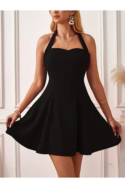 Viyamo New Season Women's Halter Neck Strap Backless Imported Crepe Mini Dress