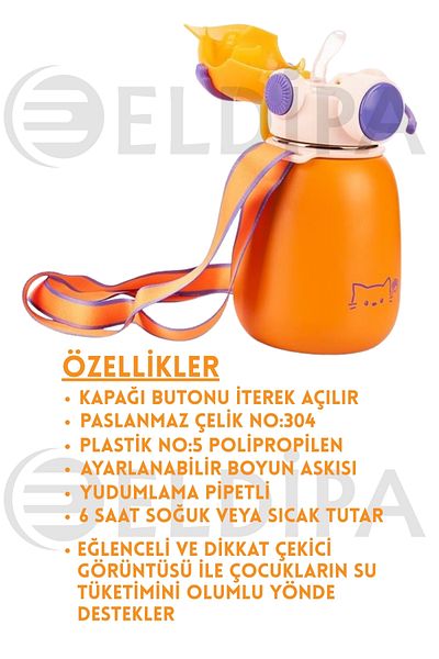 ELDİPA 500 ml Player Thermos Flask with Straw Water Bottle Stainless Steel Non-Slip Base