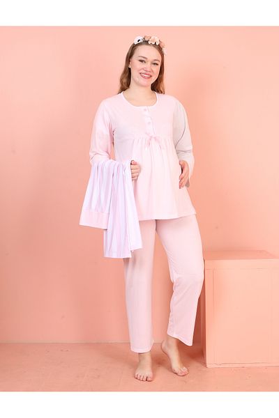 JENİKA Long Sleeve Striped Morning Gown Ribbon Detailed Pregnant & Maternity 3-Piece Cotton Pajama Set