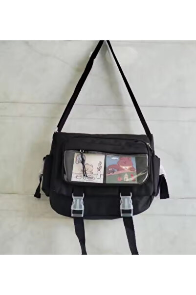 NETAVANTAJ Kawaii Figürlü Omuz Askılı Çapraz Çanta Siyah Orta Boy A5 Boyut