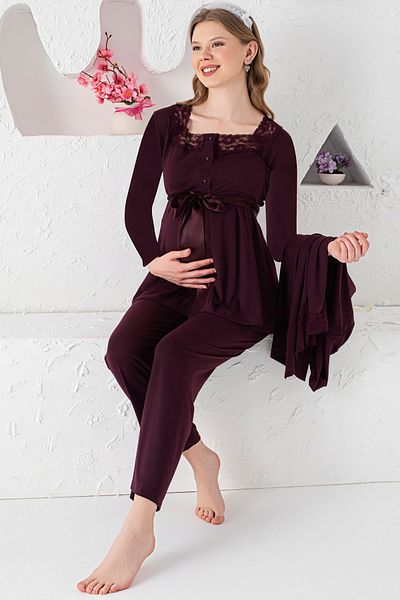 JENİKA Long Sleeve Lace Detailed Maternity & Maternity 3-Piece Cotton Pajama Set