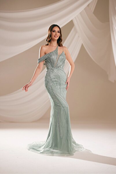 ESİN GİYİM Taş Detaylı Tek Omuz Abiye Elbise