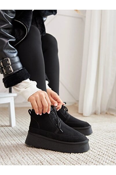 Furkan Ayakkabı Kadın Bot Taba Süet – İçi Yünlü, Kalın Tabanlı, Bağcıklı, Sıc...