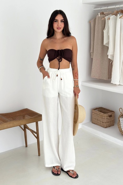 AsprinFashion Wide Leg Trousers with Elastic Waist White