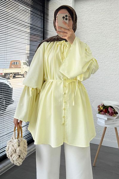MELEK ARAZ Flywheel Sleeve Full Button Urla Tunic – Yellow