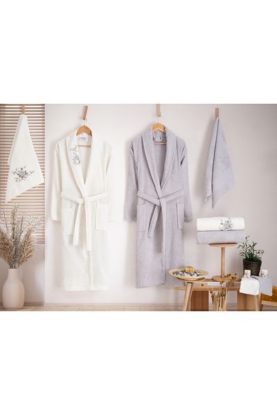 Nurpak 10-Piece Couple Bathrobe Set 100% Turkish Cotton Fragranced Family Bathrobe & Towels Gift Set