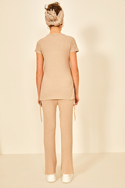 EYYE Beige Women's Cotton Gathered Side Ribbed Top and Bottom Set