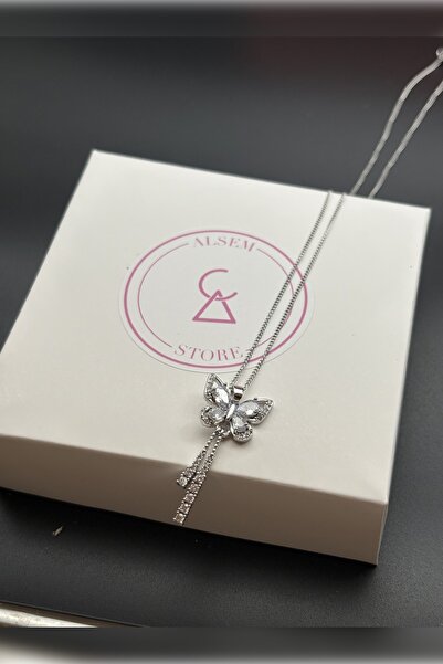 Alsem 925 Ayar Gümüş Kaplama Zirkon Taşlı Kelebek Kolye , Su Yolu Kelebek Kolye , Sevgiliye Hediye