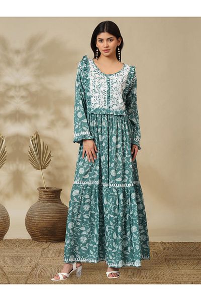 alaya Hand Embroidered Chikankari A-Line Gathering Pattern Mulmul Cotton Jalabiya-AL3941