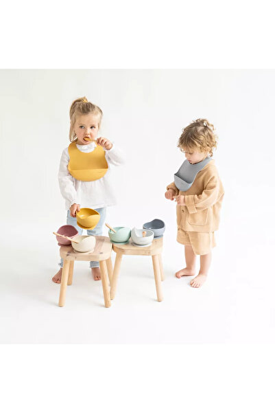 SARO BABY Bol și lingură din silicon alimentar antiderapante, set de 2 piese pentru diversificare, albastru abur