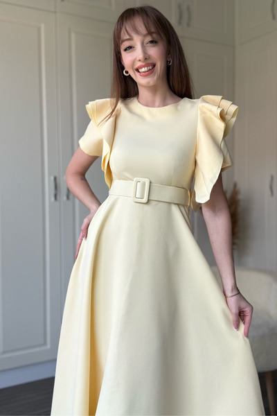 Dilay Gökoğlu Butik Ruffle Detailed Belted Midi Flared Yellow Dress