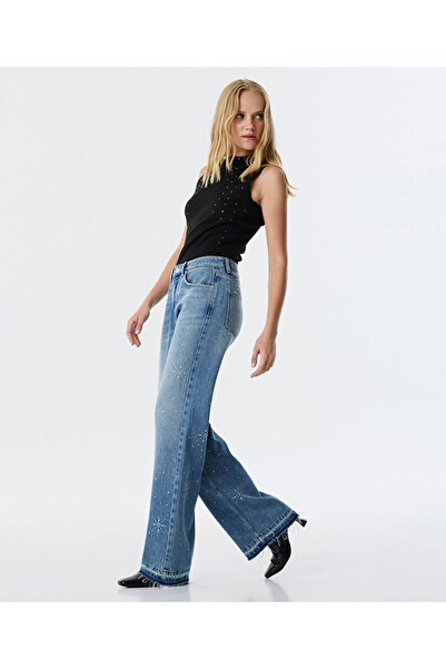 Twist Hotfix Printed Wide Leg Jean Pants