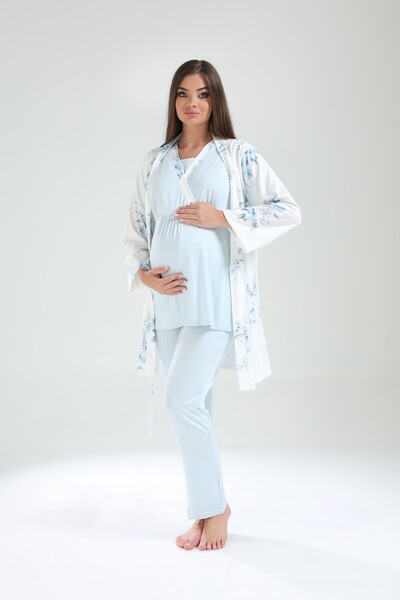 Pelin Women's Double Breasted Collar Patterned Maternity Pajama Set with Hidden Breastfeeding Feature