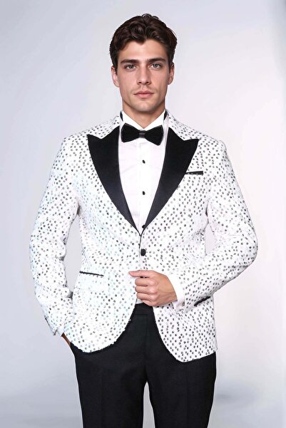 Wessi Pul Desenli Beyaz Damatlık Ceket -