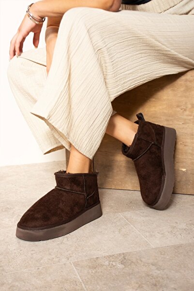 Sivarro Yüksek Mini Classic Süet Tüylü Kadın Bot - Kahve