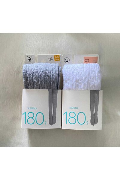 DÜVEN Girl's 2-Piece 180 Den Thick Patterned Wife School Pantyhose (2 Pieces of Children's Pantyhose)