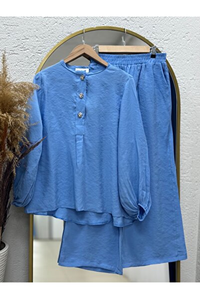 BENAHOLL Σετ παντελόνι Modal Cupra με μπροστινό κουμπί με μπαλόνια Loruna-NL520 Μπλε