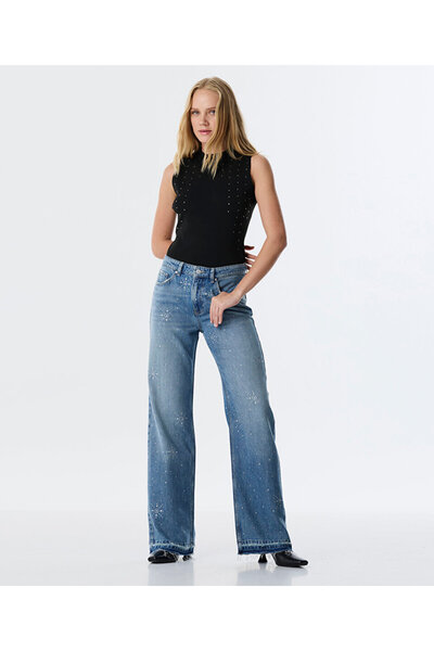 Twist Hotfix Printed Wide Leg Jean Pants