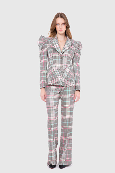 GİZİA Omuz Detaylı Pembe Ekose Takım Elbise