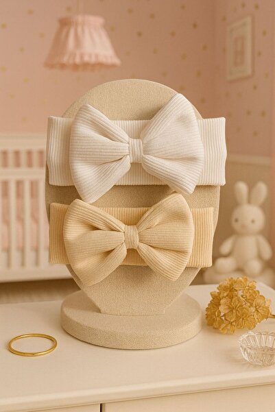 Pico Baby Kız Bebek & Çocuk Fiyonklu Çift Kat Bandana 2'li Set (Krem/Beyaz)