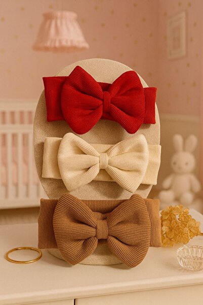 Pico Baby Kız Bebek & Çocuk Fiyonklu Çift Kat Bandana 3'lü Set (Kırmızı/Krem/...