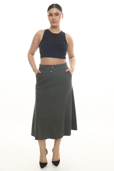 EXİTLİNE Women's Summer Khaki Color Drawstring Elastic Waist Long Skirt