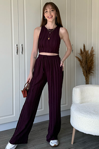Dilay Gökoğlu Butik Fırfırlı Crop Bisiklet Yaka Mor Pantolon Takım