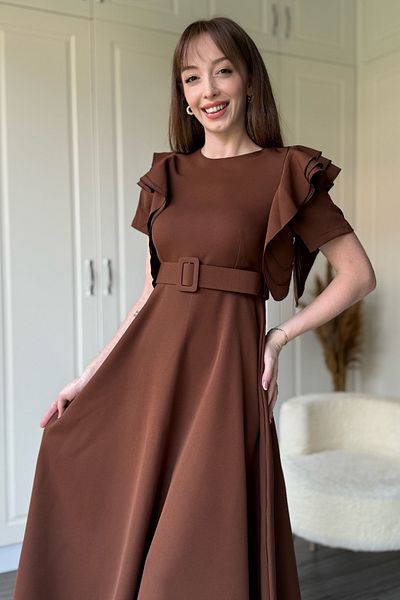 Dilay Gökoğlu Butik Ruffle Detailed Belted Midi Flared Brown Dress