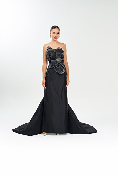 BDM Exclusive Straplez Büyük Çiçek Aplikli El İşi Taşlı Tafta Abiye Elbise