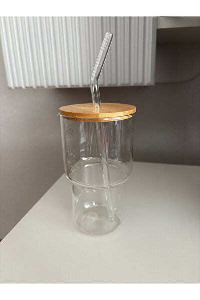 SEVEN7 Cam bambu kapaklı cam pipetli kahve bardağı