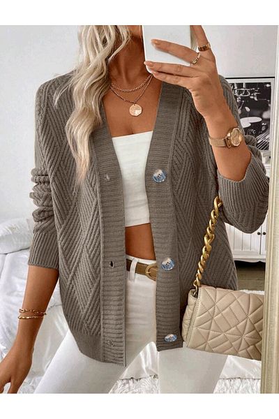 Bracha Baklava Patterned 3 Button Woven Detailed Long Sleeve Knitwear Cardigan