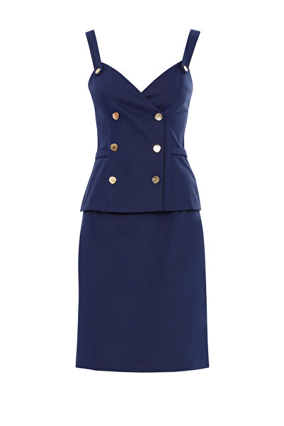 GİZİA Kruvaze Kapamalı Yelek Ve Kalem Etekli Lacivert Takım