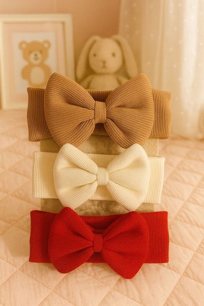 Pico Baby Baby Girl & Kids Bow Double Layer Bandana Set of 3 (Brown/Cream/Red)