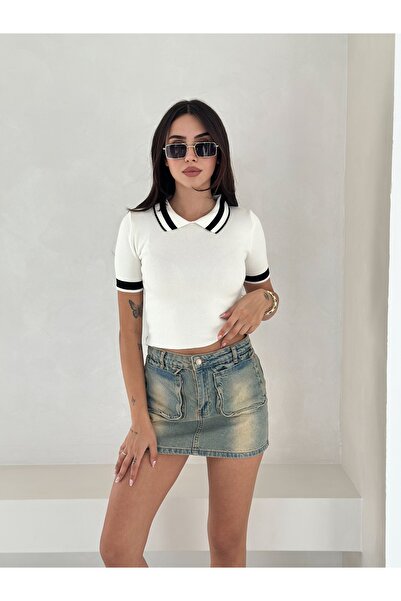 b buhari bykoc Stripe Detailed Polo Neck Short Sleeve Knitwear Blouse