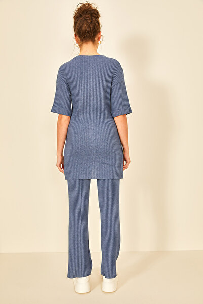 EYYE Indigo Blue Women's Cotton Short Sleeve Ribbed Blouse Pants Set