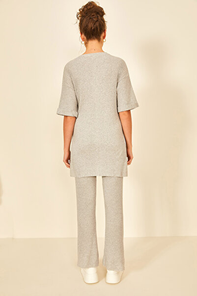 EYYE Gray Women's Cotton Short Sleeve Ribbed Blouse Pants Set