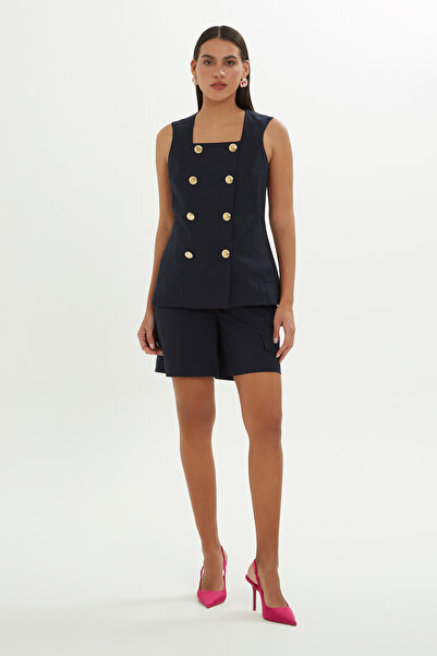 GİZİA Kare Yaka Belden Oturtmalı Lacivert Yelek