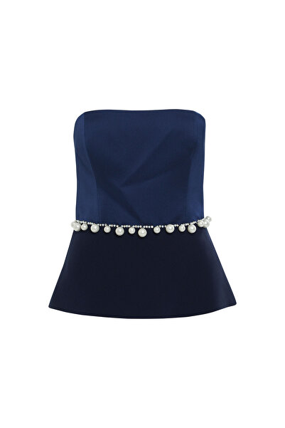 GİZİA İşlemeli Lacivert Straplez Bluz