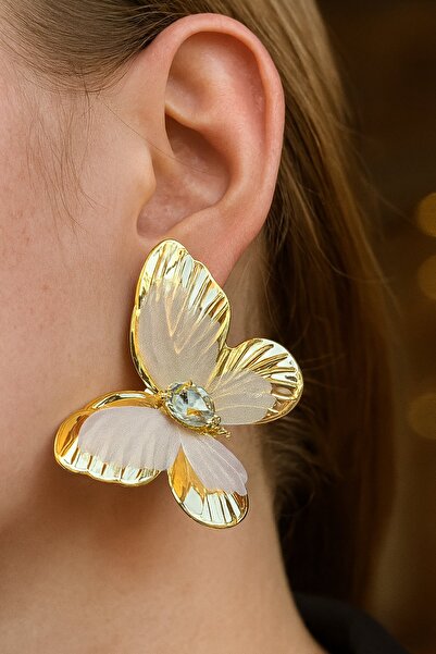 TAKIŞTIR Gold Color Butterfly Figured Stone Detailed Earrings (Pair)