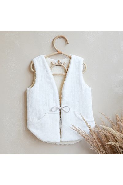 BABYLY Reversible girl's vest, ecru embroidered cotton & cream loop 92-98cm
