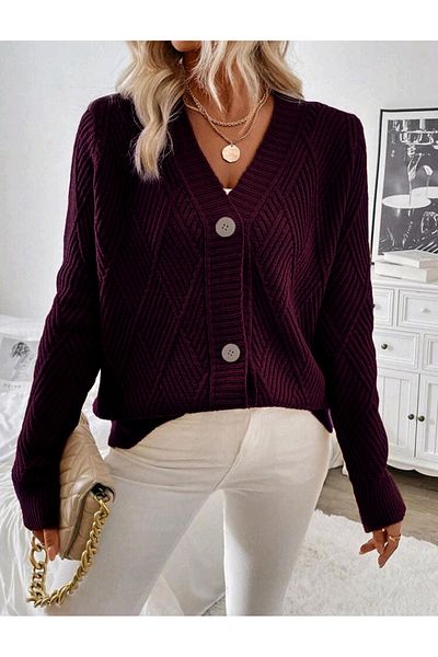 Bracha Baklava Patterned 3 Button Woven Detailed Long Sleeve Knitwear Cardigan