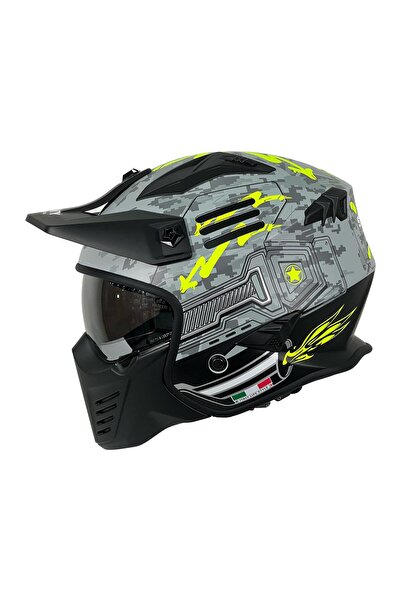 Sway X2 Tokyo Trooper Modüler Full Face Çene Sökülebilen Motosiklet Kaskı XL Beden Gri Sarı