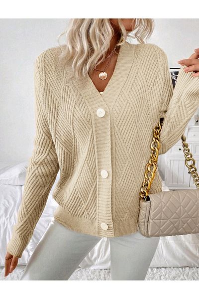 Bracha Baklava Patterned 3 Button Woven Detailed Long Sleeve Knitwear Cardigan